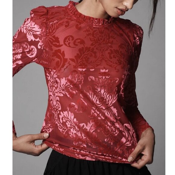 Anthropologie Velvet Burnout Blouse Pink Sheer Tie Neck Paisley Whimsygoth XL - Picture 4 of 12